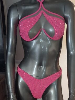 Banjul Hot Pink Rhinestone Halter Bikini Set